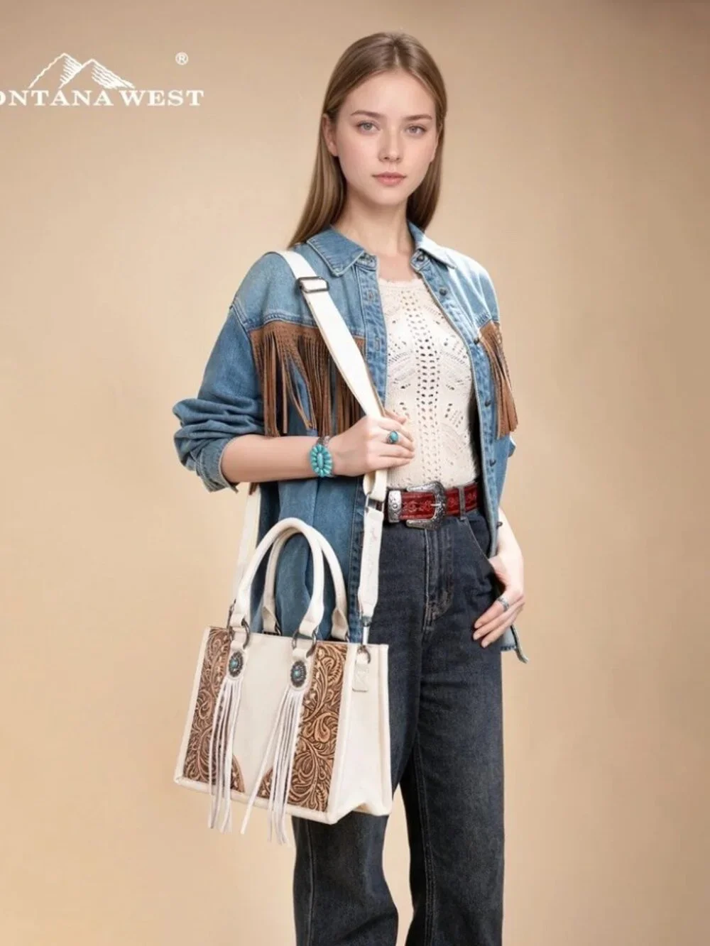 Montana West Tooled Concho Tote/Crossbody -Beige